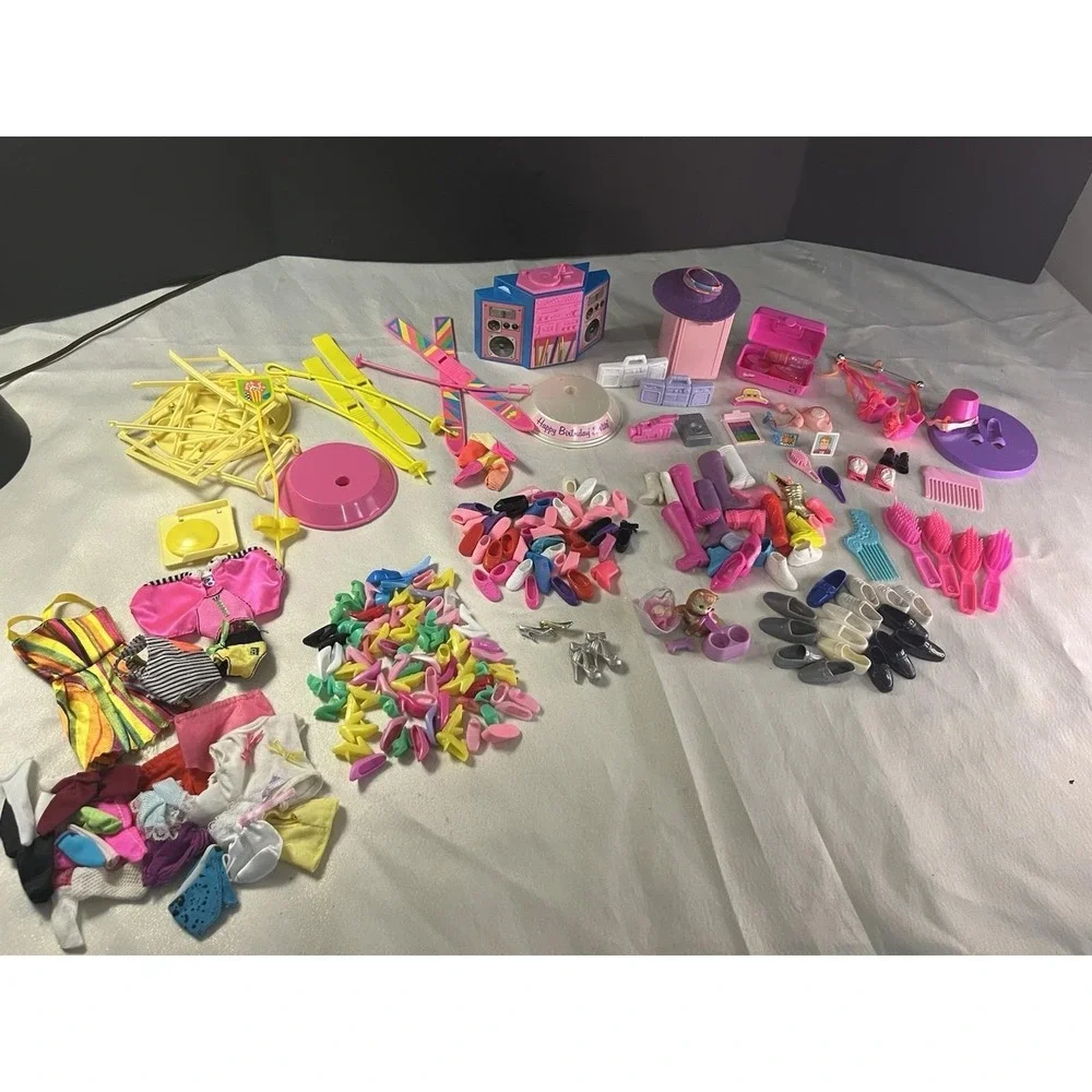 Huge Vintage Barbie & Ken Accessories Lot Shoes Skis Radios Hairbrush Clothing